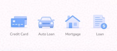 Concept: Simple visual showing different types of credit accounts as categories  Icons or minimal vi