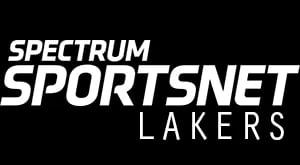 White Spectrum SportsNet Lakers logo isolated on a solid black background.