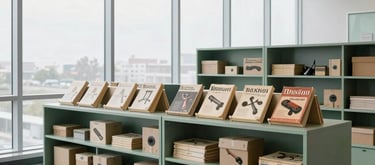 A wide photograph of a modern, clean North American / US office with floor-to-ceiling windows. Shelves in the background hold neatly organized boxes and vintage tool catalogs. The color palette includes soft sage green and light gray.
