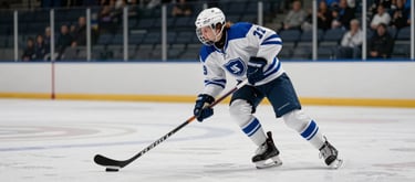 A dynamic shot of a student-athlete in a white and blue hockey jersey, stick-handling on the ice, blurred motion showing speed and focus, North American / US Southern arena atmosphere.