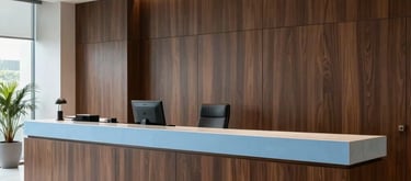 Wide shot of a minimalist, luxury law office lobby in Brazil, featuring dark wood, light blue accents, and a sense of calm authority.