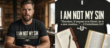 Bearded man wearing a black Christian t-shirt with 2 Corinthians 5:17 bible verse and 'I Am Not My Sin' text.