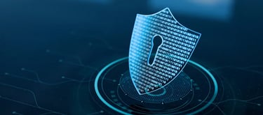 Digital cybersecurity shield with binary code representing secure data protection and network privacy.