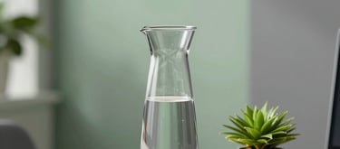 A minimalist North American office setting with a glass water carafe and a small green plant on a white stone table. The lighting is bright and reassurung, using soft green and slate grey accents.
