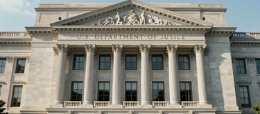 A grand exterior photograph of the U.S. Department of Justice headquarters in Washington D.C., showing the majestic Neoclassical architecture during a clear day, North American / US.
