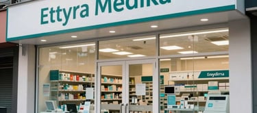 Wide photography shot of a modern pharmacy storefront with 'Ethyra Medika' signage, clean glass windows, professional and welcoming atmosphere in a Southeast Asian urban setting.