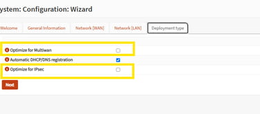 Interface web do OPNsense mostrando a opção Optimize for Multiwan desmarcada durante o wizard inicia