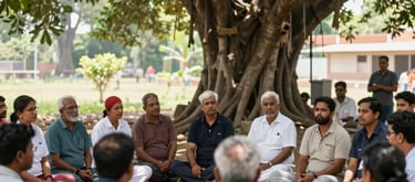 A group of South Asian community members gathering for a health awareness seminar outdoors under a large Banyan tree, bright natural light.