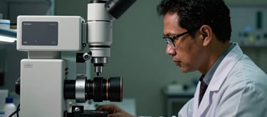 A healthcare specialist in a lab setting in West Kalimantan, performing research with modern equipment, professional and focused atmosphere, dark green and steel grey tones.