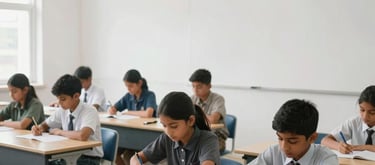 An interior shot of a spacious, well-lit classroom at Aman Public School. South Asian students are seated at modern desks, engaged in learning. The walls are white and the atmosphere is clean.