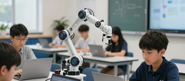 A photography of a modern STEM learning classroom in a North American school, where students are using advanced robotic equipment and laptops, bright and innovative atmosphere.