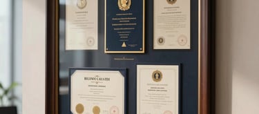 An elegant, framed law degree and certifications displayed on a professional office wall, soft natural light, Italian / European academic tradition.