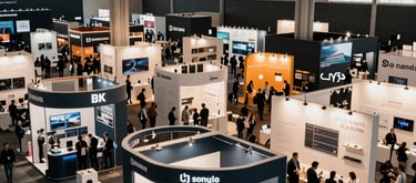 A wide shot of a bustling, high-end trade fair at a convention center in Sao Paulo, showing organized booths, professional lighting, and an atmosphere of business innovation.