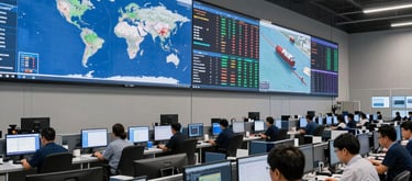 A wide angle interior shot of a high-tech logistics operations center in the US. Large wall-mounted monitors show global shipping lanes and real-time data visualizations. Professionals at workstations.