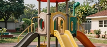 An outdoor playground at a premium play school in Rudrapur, South Asian / Indian context, with safe modern equipment, vibrant colors, and lush green surroundings under a clear sky.