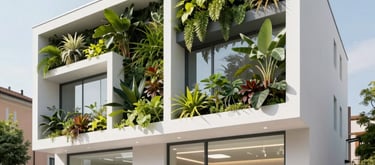 Exterior of a modern, eco-friendly dental practice building in an Italian city, featuring integrated vertical gardens and minimalist white architecture.