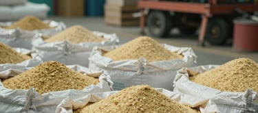 A close-up photo of sacks of organic fertilizer and farming equipment in a clean Southeast Asian / Indonesian warehouse, soft teal and gold lighting.