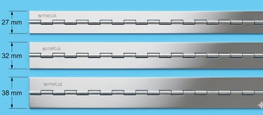 Three stainless steel continuous piano hinges in 27mm, 32mm, and 38mm widths for heavy duty hardware use.