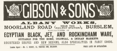 Vintage Gibson & Sons Albany Works advertisement for Egyptian Black and Rockingham Ware pottery in Burslem.