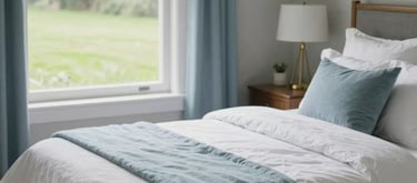A photography of a beautifully furnished bedroom in a supportive home setting. The bed has soft white linens and a powder blue throw. A window looks out onto a green, peaceful lawn. North American/US style.