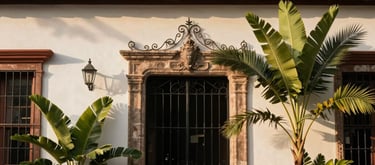 Exterior of a discreet, traditional South American building with a wrought-iron gate and lush tropical plants. Classic architecture in warm daylight.