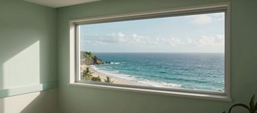 A beautiful view of Salvador's coastline from a high window of a serene clinic. The colors of the sea and the sky blend with the interior sage green and off-white decor.