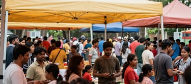 A wide shot of a vibrant community event in an Indian urban park, with South Asian / Indian families interacting positively under orange and light yellow canopies.