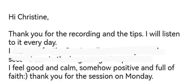 Client testimonial describing feeling peaceful, calm and full of faith in herself after RTT session
