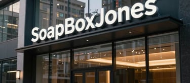 Exterior of a modern, architecturally sleek building in a North American urban setting. Large glass windows reflect the city lights. A clean, sophisticated signage for SoapBoxJones Kosmik Media is subtly visible. The mood is professional and forward-thinking.