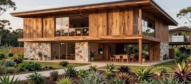 An wide-angle architectural shot of a modern, eco-friendly community center made of local wood and stone, overlooking an organic garden in the Brazilian countryside.