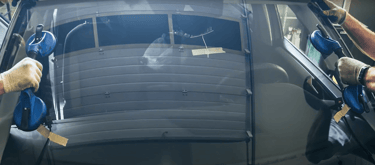 two workers hold windshield with suction cups