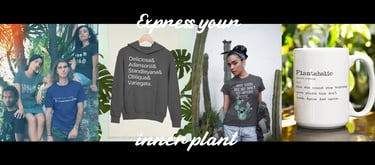 Plant lovers wearing Miss Chatty Plants shirts and hoodie with witty botanical plant parent designs