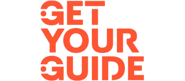Orange GetYourGuide logo text on a black background for travel bookings and tour experiences.