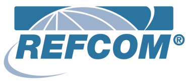 REFCOM logo featuring bold blue text and a stylized globe graphic for F-gas certification.