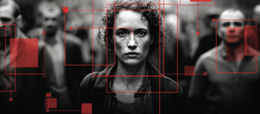 a woman with a red and black background with a red square frame with a red