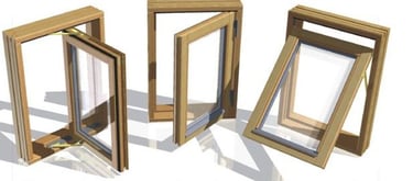 Three wooden casement window frames showing side-hung and top-hung opening mechanisms for home ventilation.