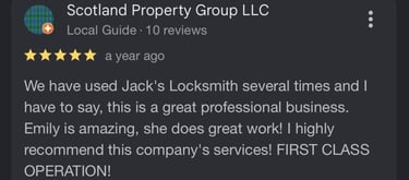 Five-star Google review of Jack's Locksmith from Scotland Property Group praising Emily's work and the business