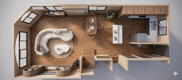 Top-down 3D floor plan of a modern studio apartment with open-plan living, dining, and kitchen areas.