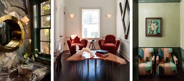 Kelly Wearstler design with marble vanity, red lounge chairs, and patterned armchairs.