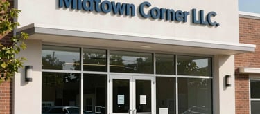 The bright and welcoming exterior of a community center in a North American suburb, with a clean glass entrance and clear signage for Midtown Corner LLC.