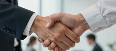 A close-up of a professional handshake between two people in a North American business setting, with a bright and airy modern office background.