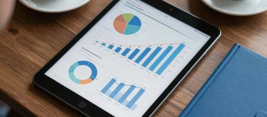 Top-down view of a professional workspace with a tablet showing business graphs, a coffee cup, and a sleek blue notebook, Latin American office context.