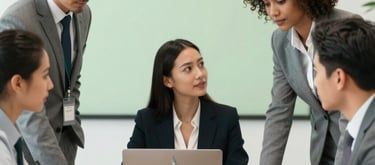 A diverse group of professional office workers in North American business attire collaborating around a table in a bright conference room, focusing on efficiency and teamwork, soft green accents.