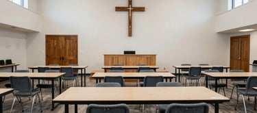 A bright and airy multi-purpose hall in a North American church, with tables arranged for cooperative learning, clean and professional environment.