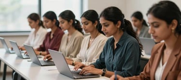 A group of South Asian women sitting in a modern, professional training hall, learning digital skills on laptops. Soft, natural lighting.