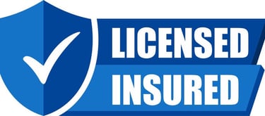 Blue shield icon with a white checkmark next to the text Licensed and Insured for business verification.