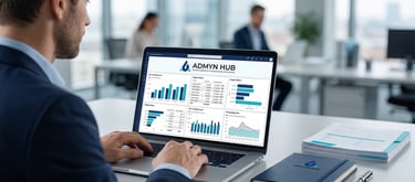 Business professional viewing a data analytics dashboard on a laptop in a modern office setting.