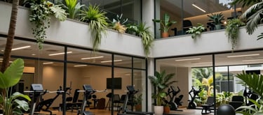 A wide shot of a modern training center in a Latin American city, featuring clean architecture, glass walls, and lush green plants, creating a supportive and expert atmosphere.