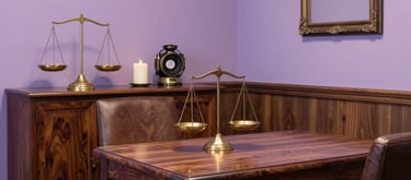 A sophisticated Brazilian consultation room with dark wood furniture, lavender-colored walls, and elegant mystical decor like a brass balance scale and candles.