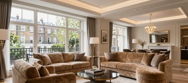Luxury apartment interior in Kensington, London, featuring high ceilings, large windows, elegant tan furniture, and professional, soft lighting.